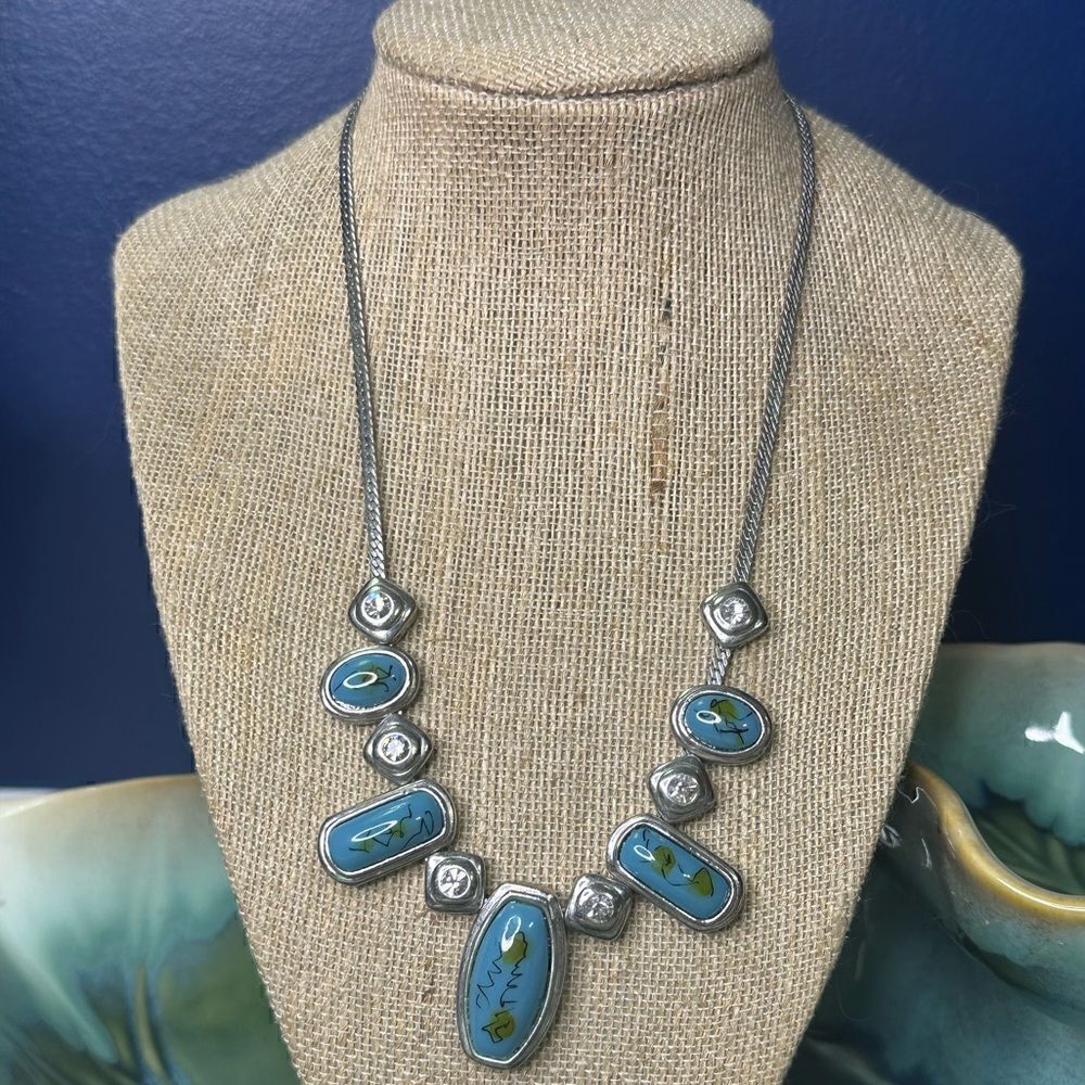 Unique Hand Painted Turquoise Statement Necklace   On Silver Chain 16”